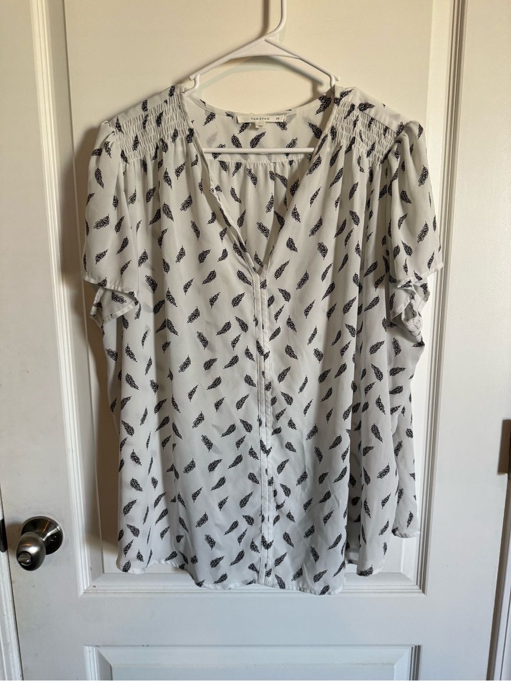 fun 2 fun White Blouse with Black Feather Print